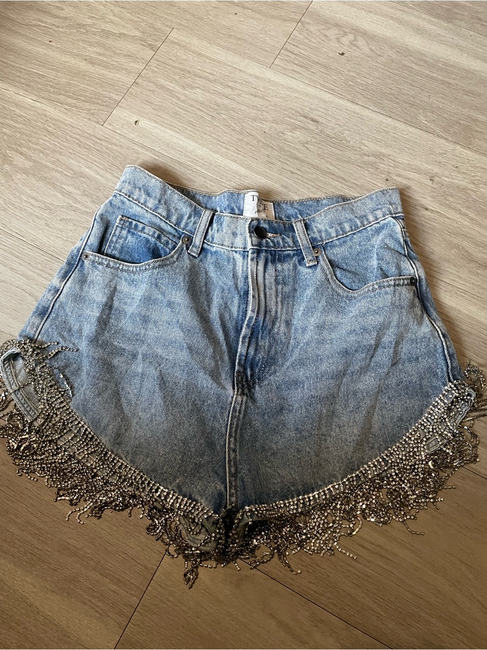 Twelve by Twelve Light Blue Denim Shorts with Silver Beaded Fringe